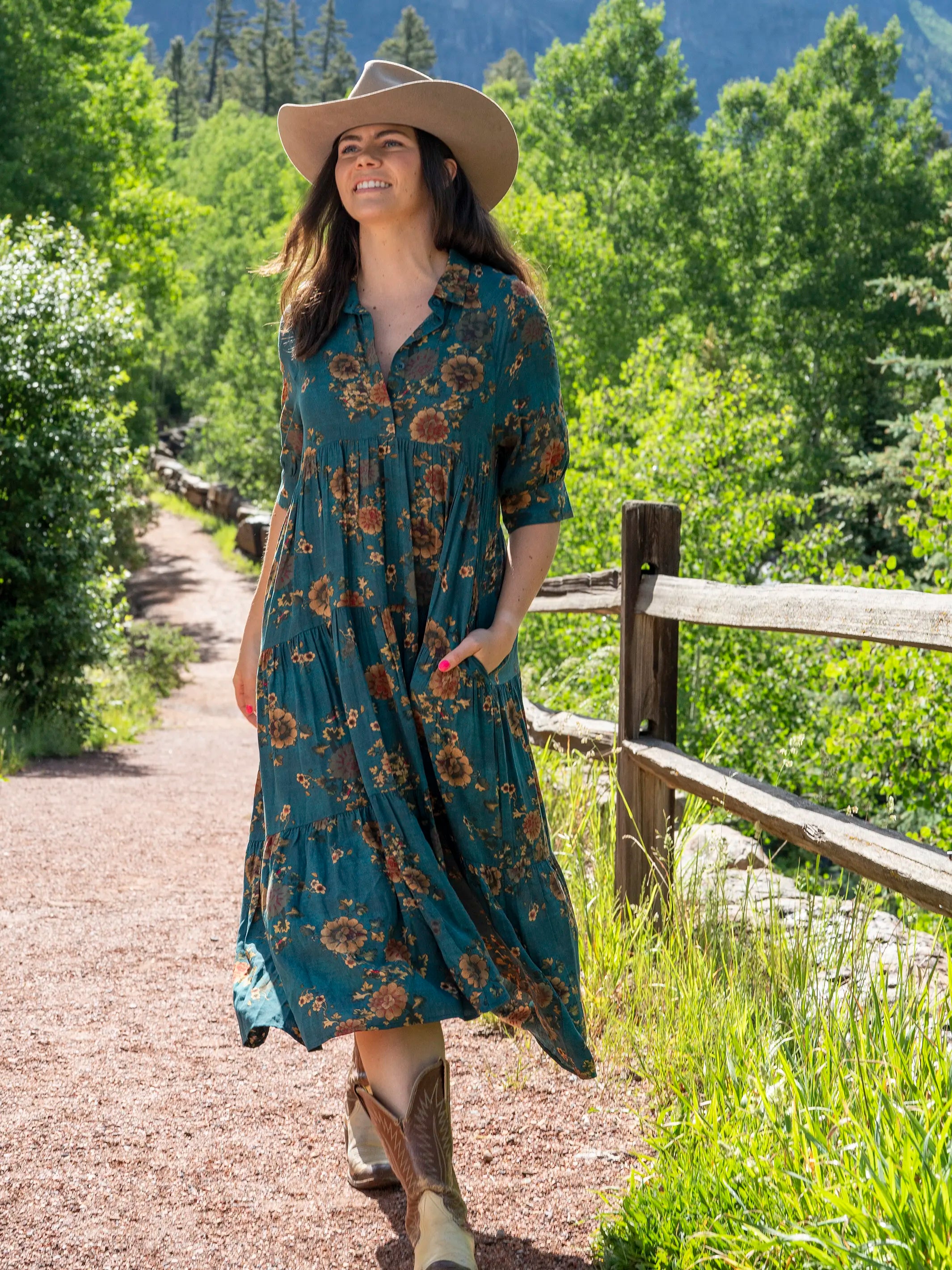 Rebecca Midi Dress - Teal Orange Clusters - Natural Life product image