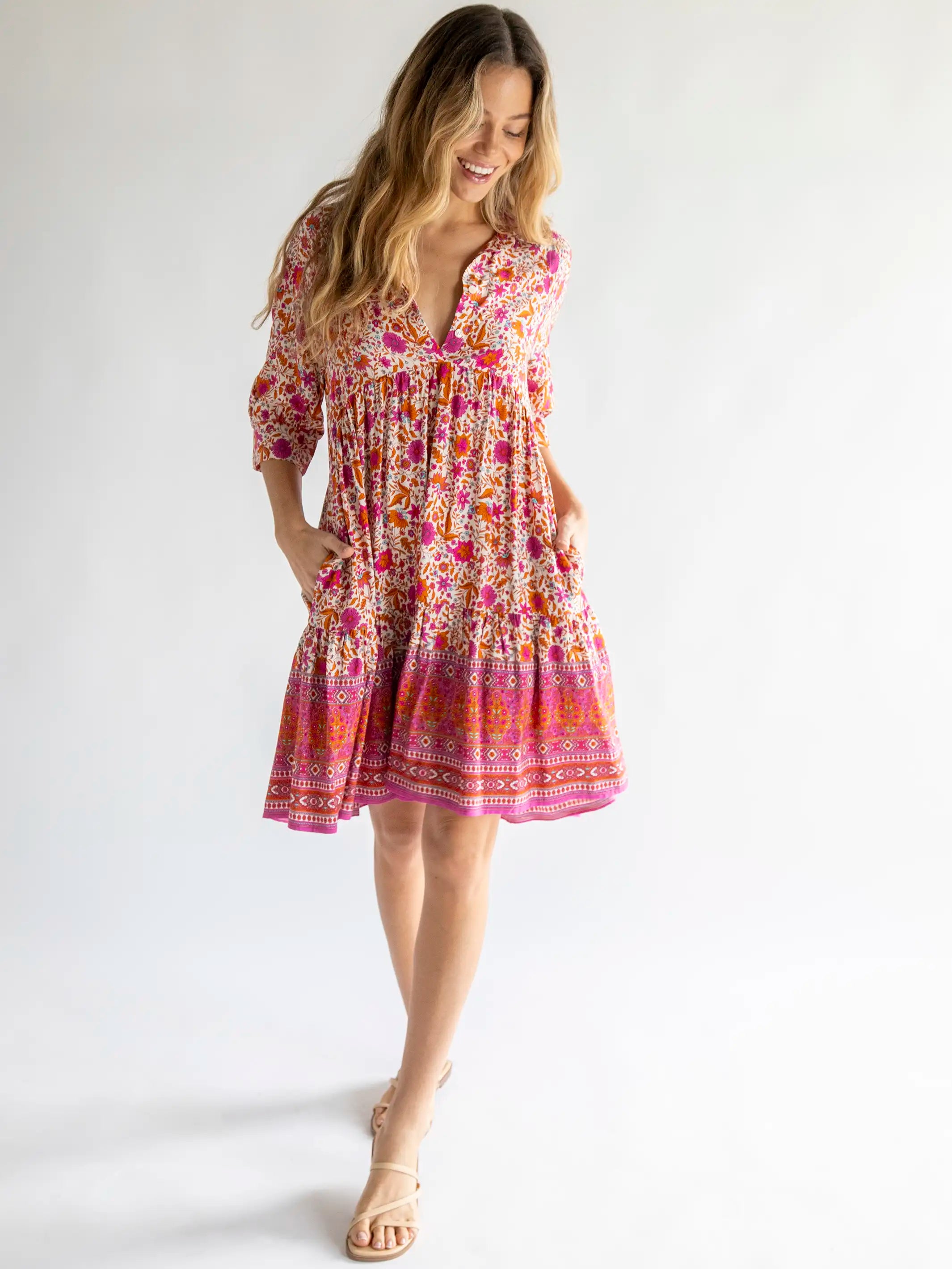 Image of Becca Dress - Cream Pink Border