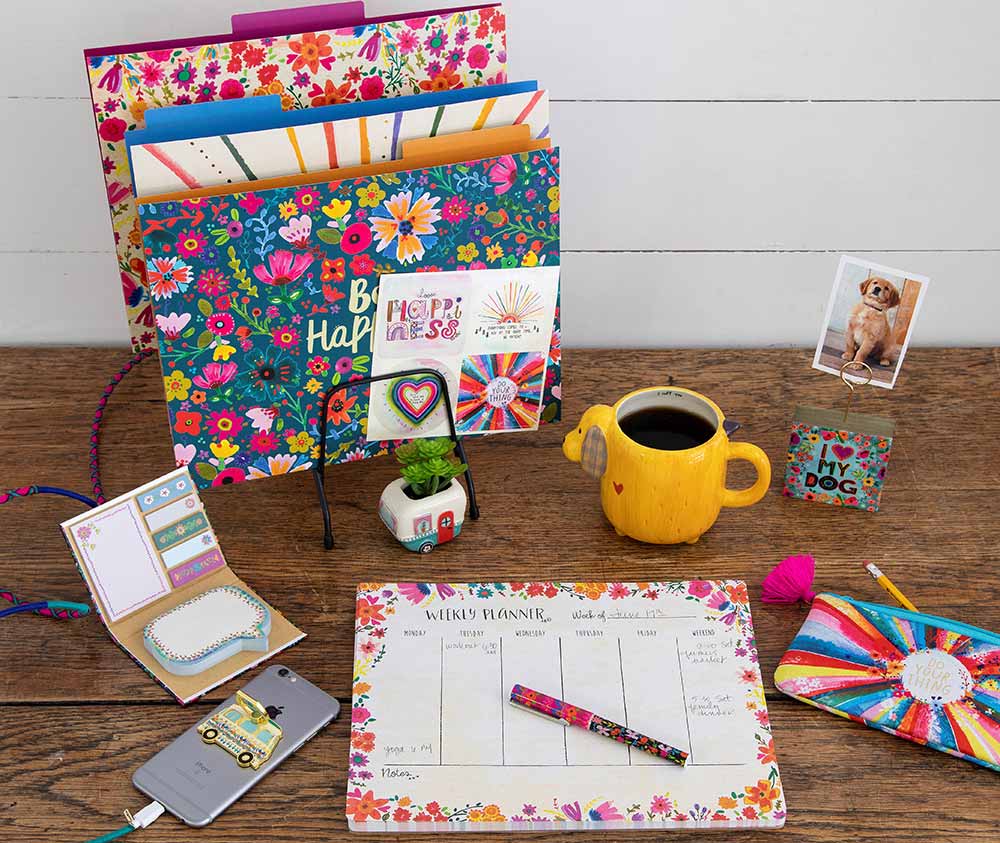 A fun desk decked out with fun classroom decorations... file folders, critter mug, weekly planner & more!