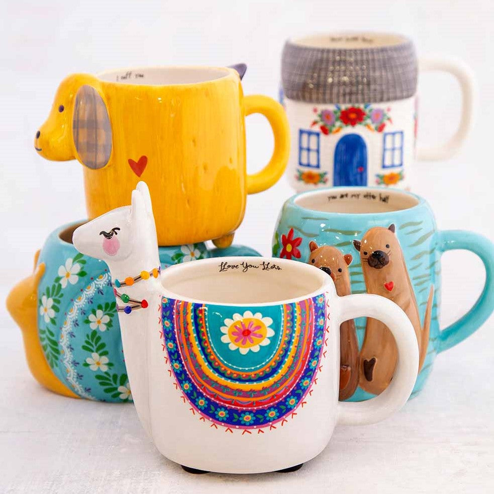 llama, dog, snail, otter, house shaped mugs