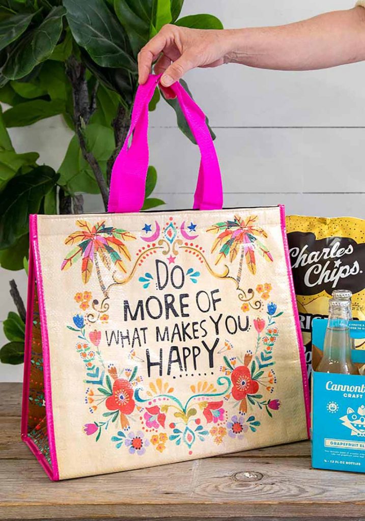 Insulated tote bag with happy sentiment, perfect for backyard camping!