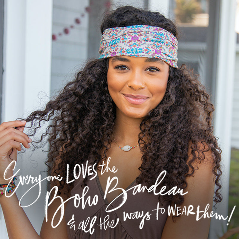 Everyone loves the Boho Bandeau & all the ways to wear them girl wearing comfortable cancer hair accessory
