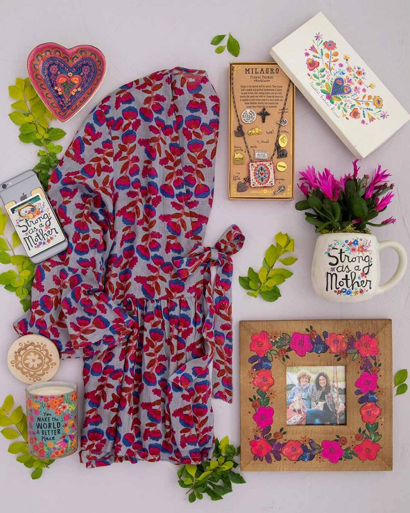 Perfect Mother's Day Gifts flatlay with tie top, necklace, mug, frame, candle and more!