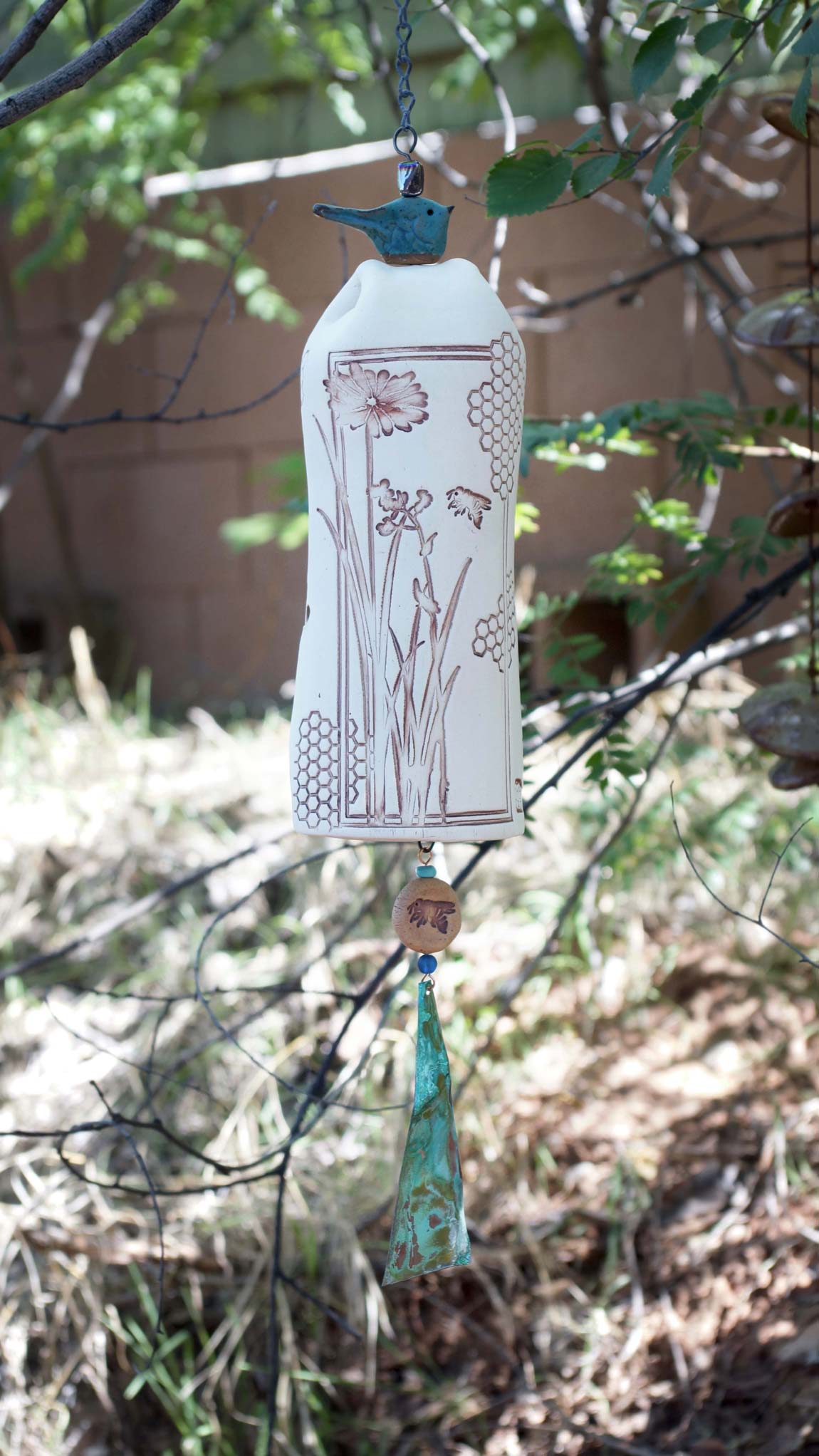Ceramic Wind Chime Garden Bell, Honeycomb Bee Pattern, Copper Wind Sail & Sculptured Bird Accent - EarthWind Bells