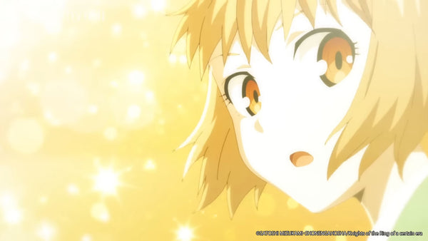 A screenshot of an anime girl's face covered in a golden glow