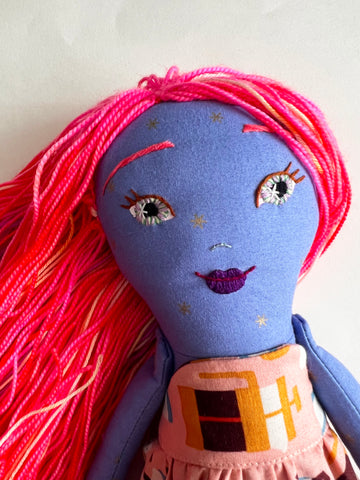 Hey Kitty Rae handmade blue doll with hot pink hair and light pink jumper