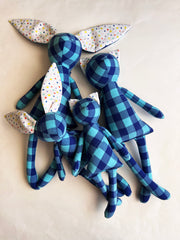 Handmade stuffed bunnies and kitties made with upcycled blue checkered shirt