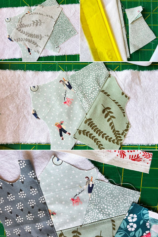 Multiple images showing process for using scraps to quilt as you go