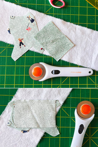 Two images stitched together, one showing two fabric scraps on a strip of backing fabric, the other showing the two scraps sewn to the backing fabric