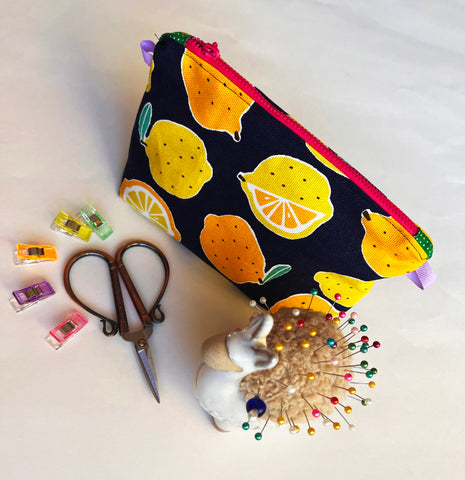 Zipper Pouch with scissors, pin cushion and sewing clasps