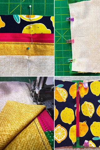 Various photos showing the steps to finish sewing the zipper pouch