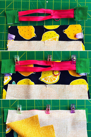 3 photos showing how to layer the fabric to sew the zipper in place for the pouch