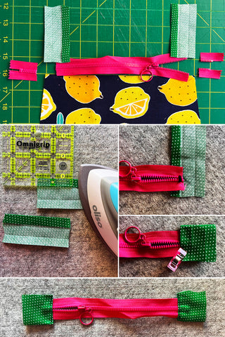 Multiple pictures showing how to add tabs to a zipper