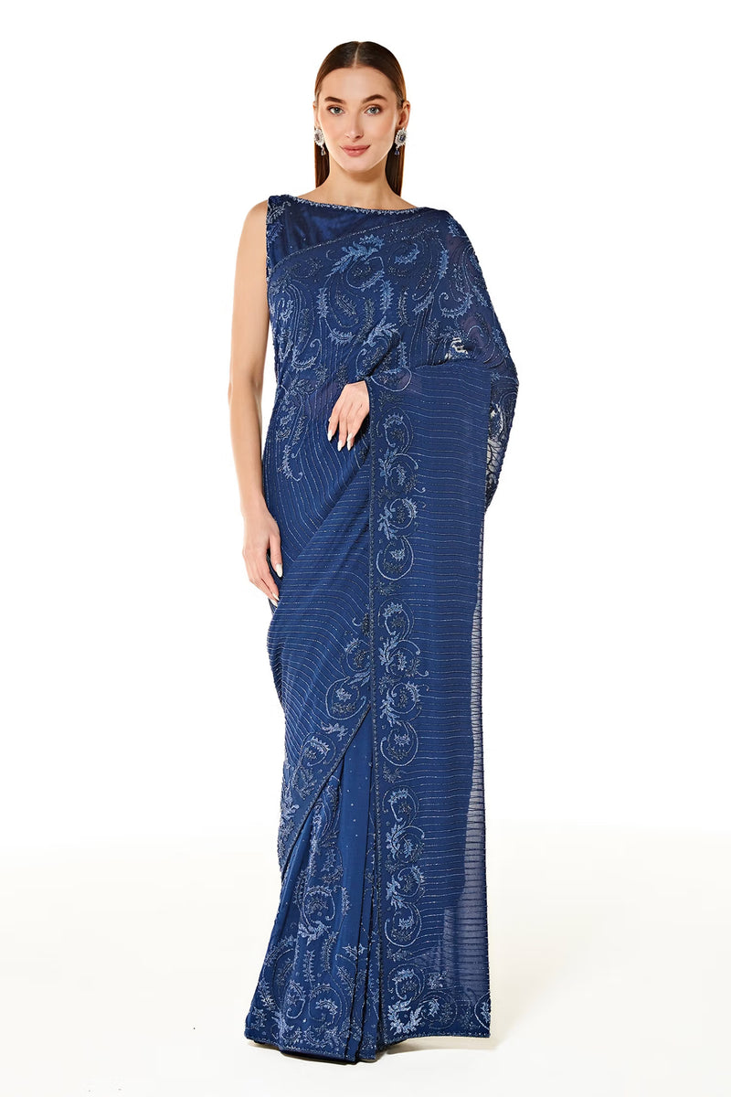 Blue Georgette Zaynab Embroidered Saree