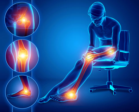 man feeling joint pain in knee elbow and ankle
