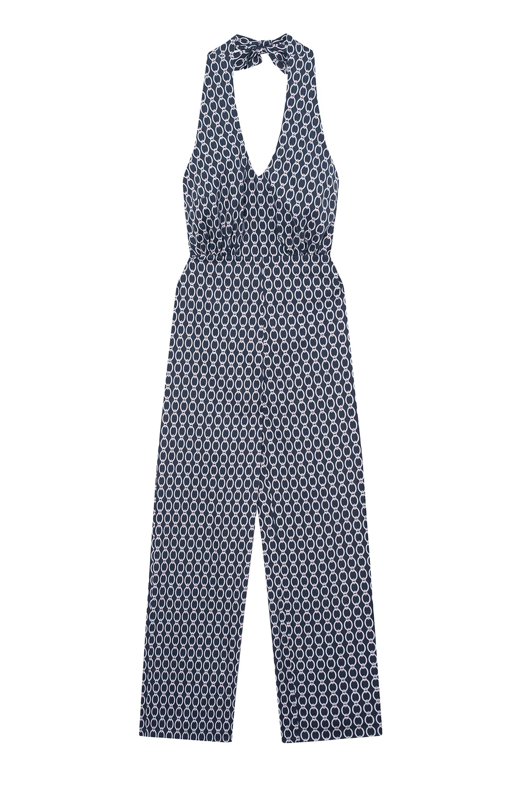 HALTERNECK PRINTED POPLIN JUMPSUIT LYNETTE BLUE | ELLOZZE®