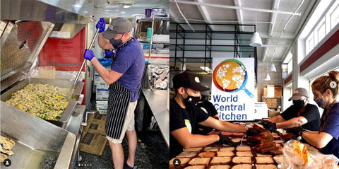 Screenshots from Instagram. Left: male chef stirring giant pot of food. Right: team of volunteers assemble sandwiches with World Central Kitchen logo in back.