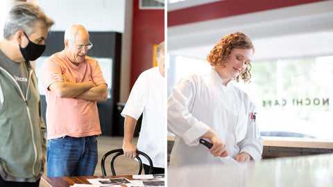 Left Side: Scott Verson behind the scenes of a photoshoot at NOCHI. Right Side: Female Chef chopping carrots with a decal of NOCHI CAFE on window behind her.