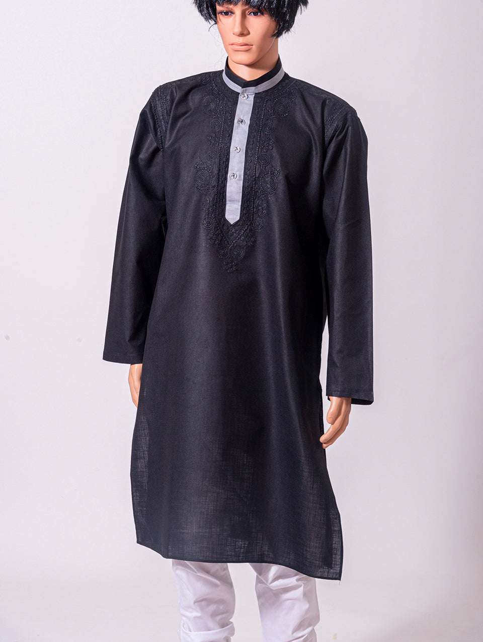 Lucknow Chikan Emporium Black Jute Cotton Mens Kurta