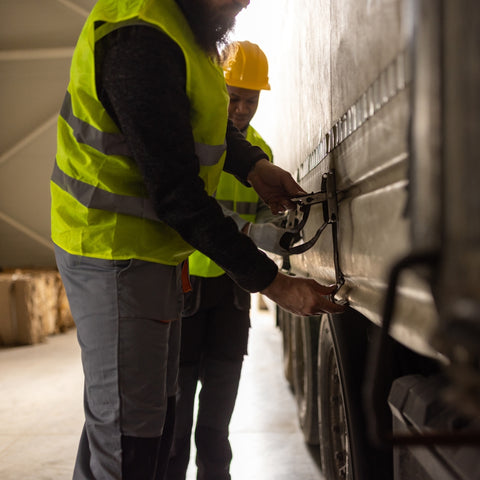 Construction workers tightening straps on a truck