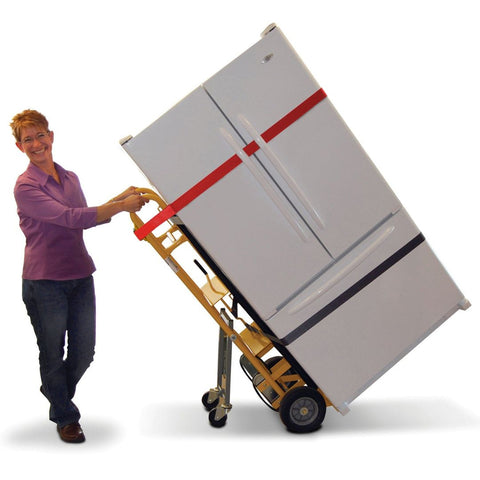 woman holding cart with refrigerator on it
