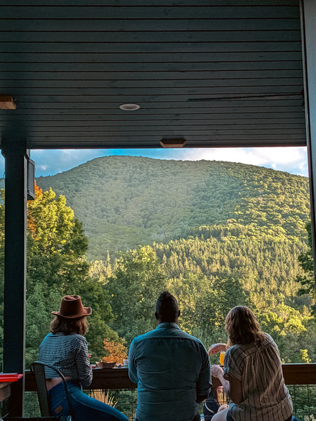 three people drinking beers at a counter with a view of the Catskill mountains in the background