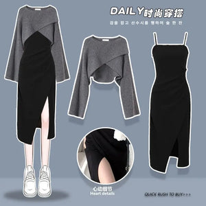 Women's Sweet Spring Autumn Gray Sweater Dress Suit 2023 Korean Lady Dresses Set Casual Outfits - Bashilora