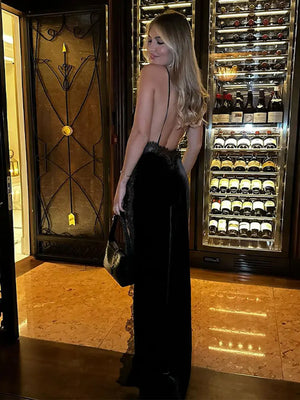 Women Spaghetti Straps Bodycon Long Dresses 2024 Vintage Black Sleeveless Backless Velvet Lace Patchwork Dress Gown Vestidos - Bashilora