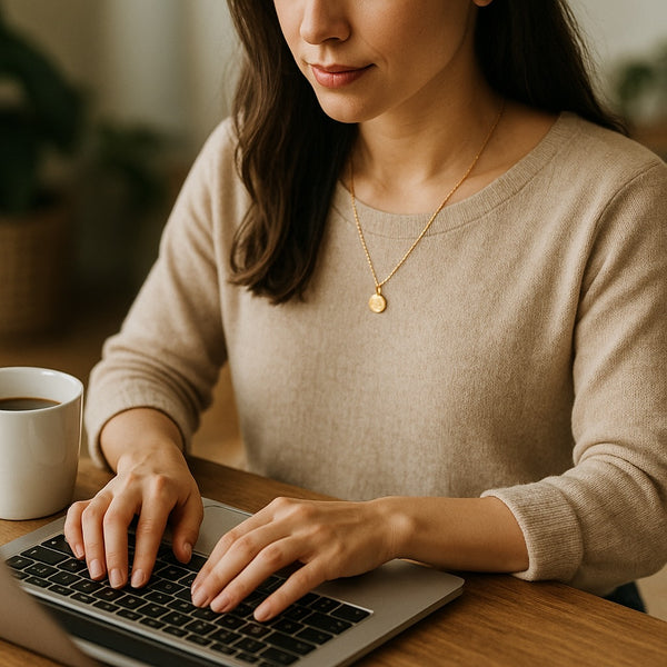 ノートPC作業中に10Kゴールドペンダントを着ける女性