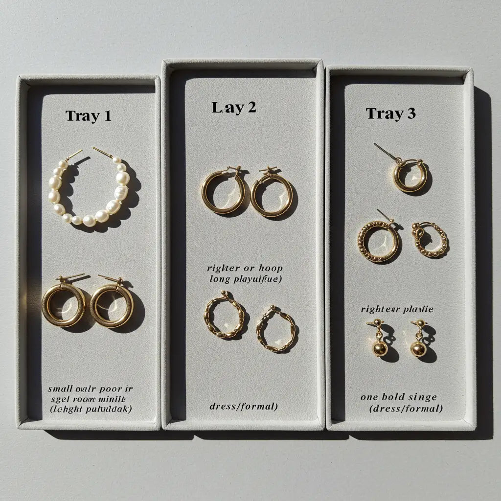 片耳ピアスの物撮り|ジャケットは左耳ミニマル、Tシャツは右耳大、ドレスは片耳一点主役の比較セット|TPO別レイヤードの作り方