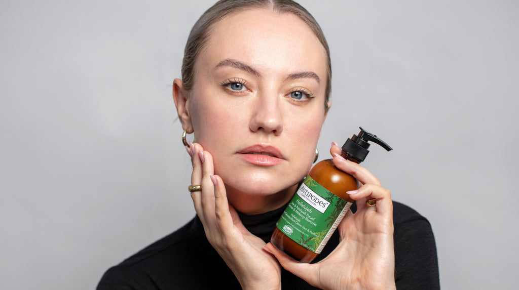Antipodes skincare model with Hallelujah Cleanser