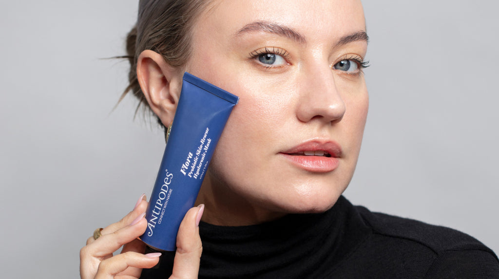 Antipodes Skincare model with Flora Probiotic Skin-Rescue Hyaluronic Mask