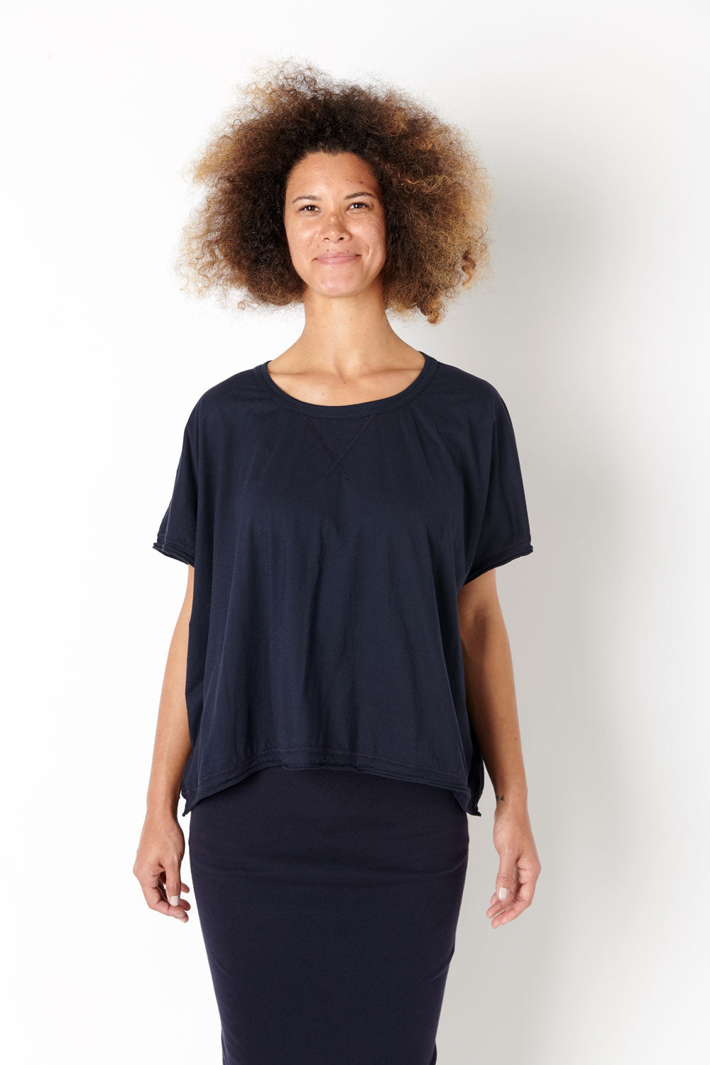 Alabama Chanin Coverup with short sleeves, shown in Navy color on model.