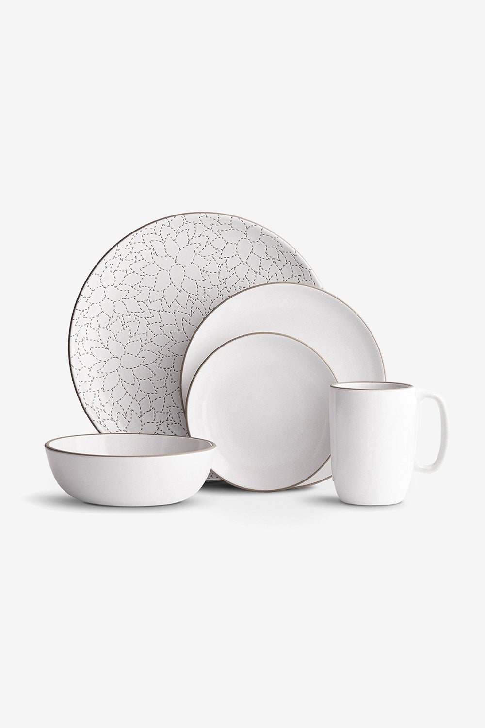 Alabama Chanin Camellia Etched Dinner Plate Hand-Etched Dinnerware Set in Opaque White and White Floral