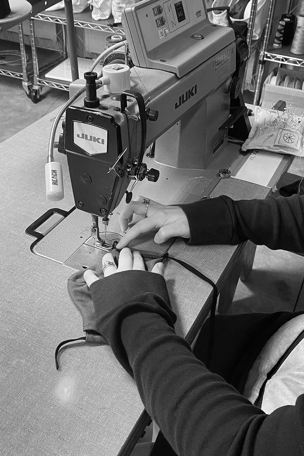 Alabama Chanin Team Member Sewing a Reusable Face Mask