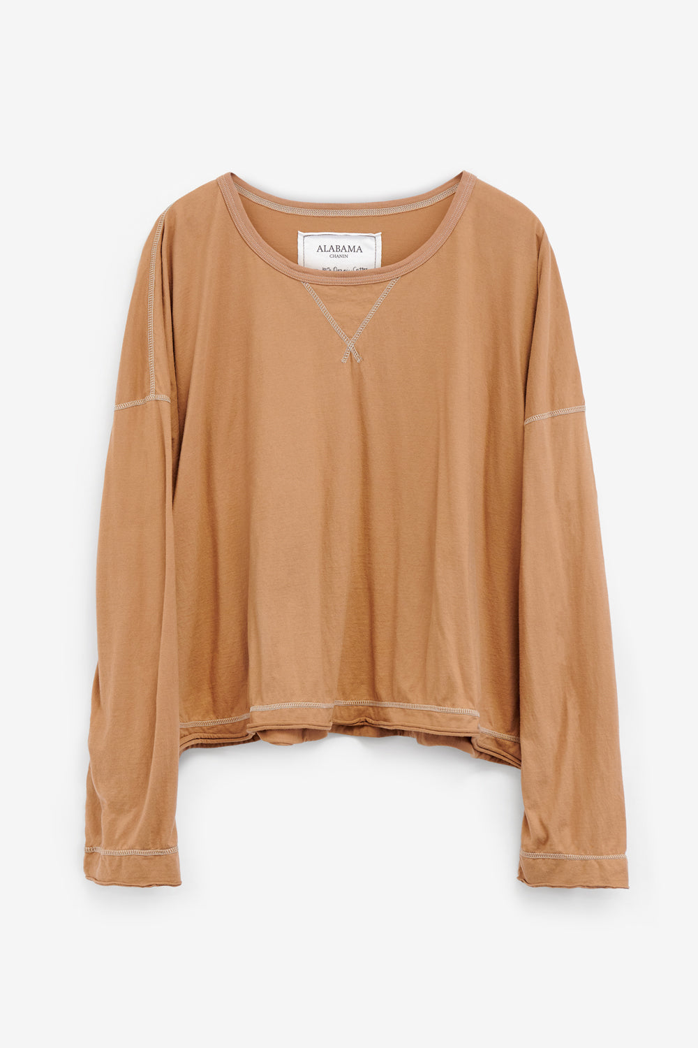 Alabama Chanin Coverup with long sleeves, shown in Camel color.