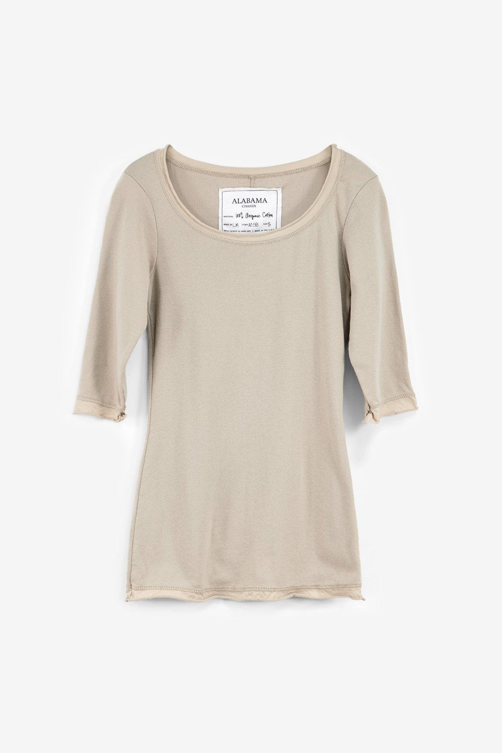 Alabama Chanin The Essential Rib Top Machine-Sewn Elbow Sleeve Crew Neck Tee in Tan