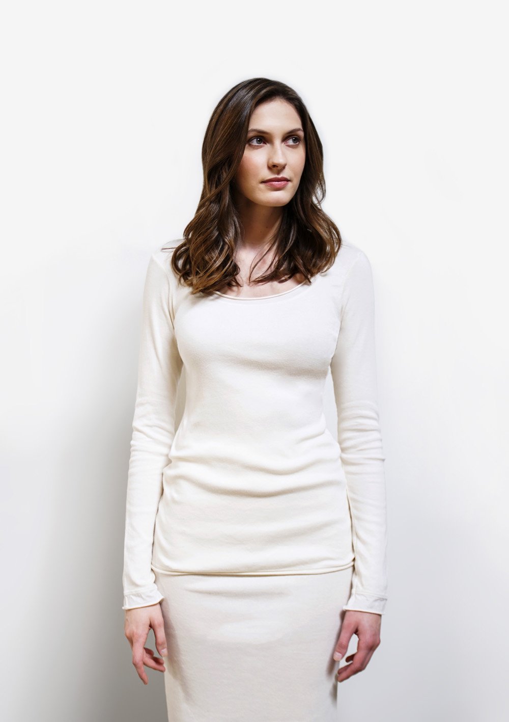 Alabama Chanin The Essential Rib Top Organic Cotton Rib Top with Long Sleeves in White on Model