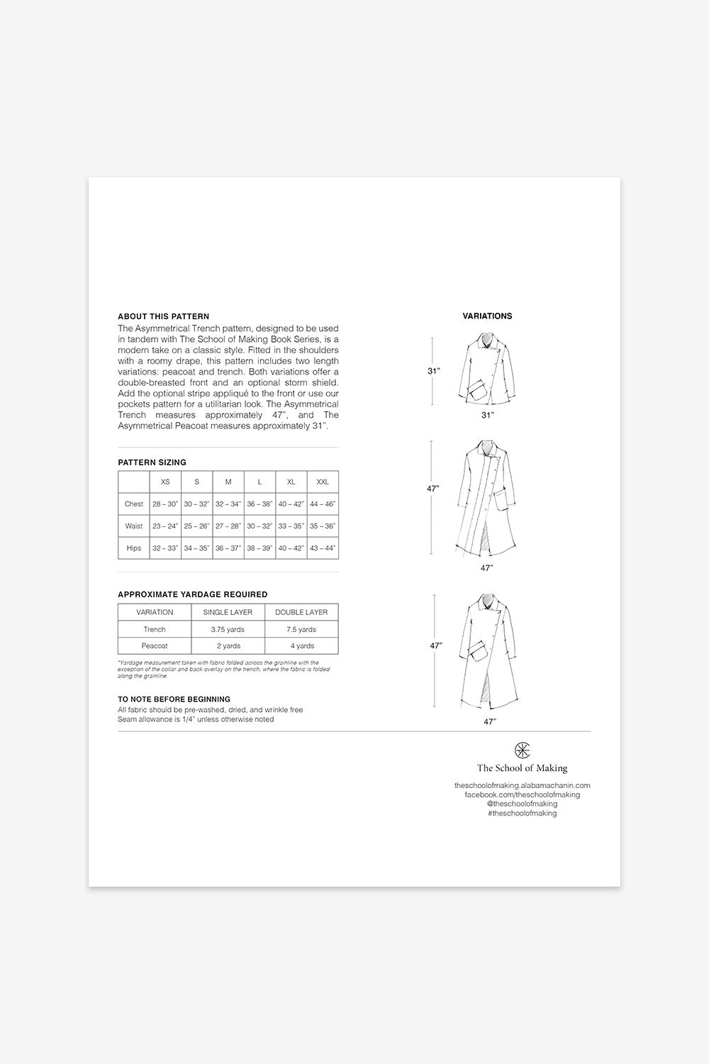 The School of Making The Asymmetrical Trench Pattern Maker Supplies for DIY Clothing