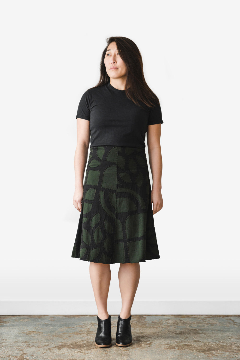 The School of Making Swing Skirt Kit Organic Cotton Abstract Pattern in Black and Green on Model