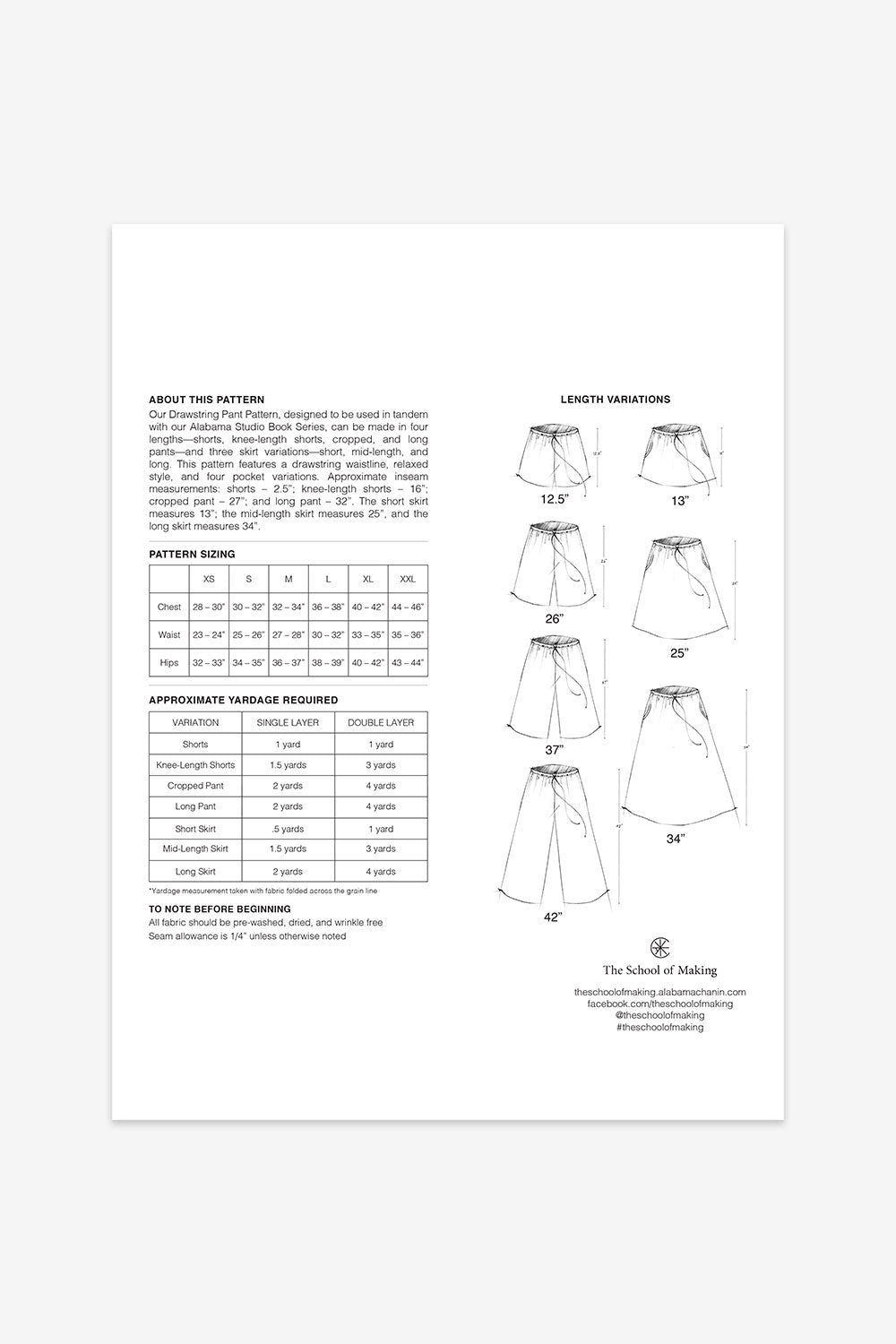 The School of Making The Drawstring Pant Pattern Maker Sewing Supplies 