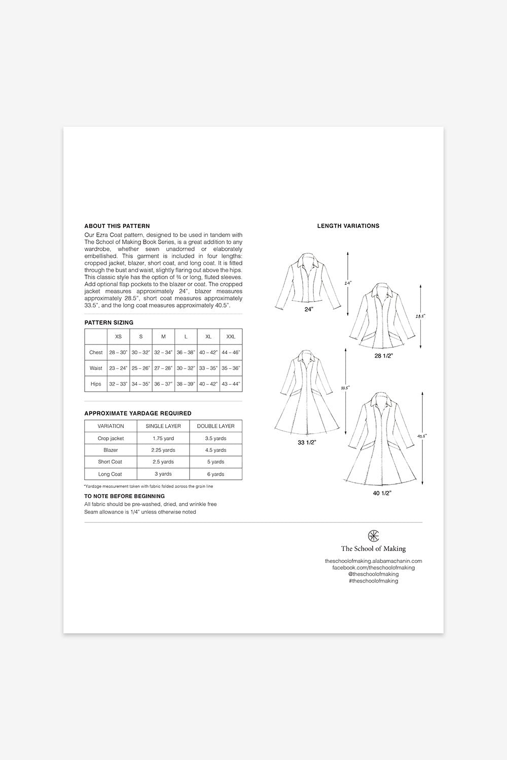 The School of Making Ezra Coat Pattern Sewing Supplies for Long and Short Women's Coat