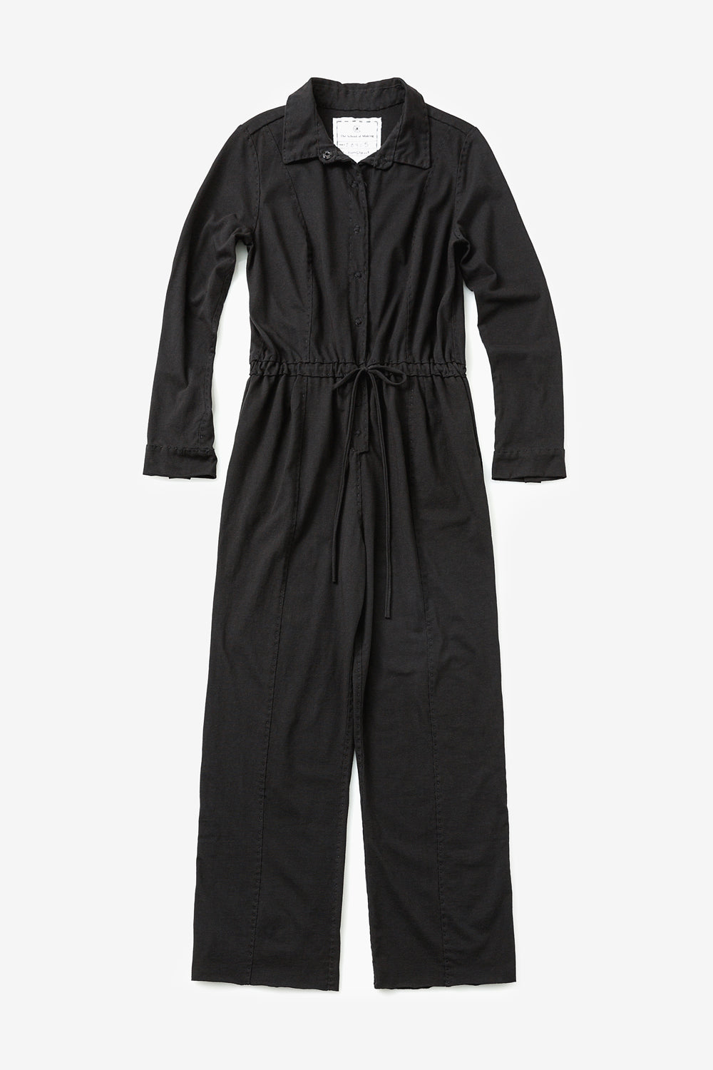 The School of Making Jumpsuit Pattern in Black Single Layer Organic Medium Weight Cotton Jersey with Tie Waistband and Collar
