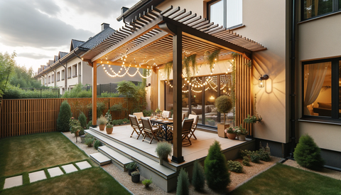 house's backyard showcasing a wall-mounted pergola attached to the rear of the house.