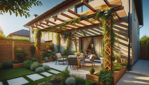a wall-mounted pergola in the backyard of a house. The pergola, made of elegant wooden slats, extends from the house's wall, providing shade to an outdoor dining area below