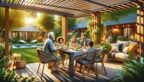 beautifully captures a family gathering under a louvered pergola, emphasizing the pergola's ability to create an inviting and versatile outdoor space for family bonding and relaxation