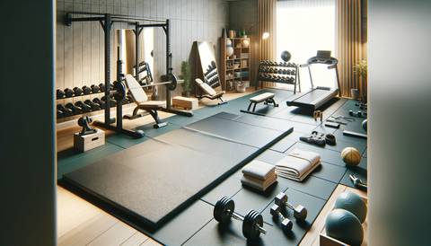 well-organized home gym setup featuring a gym mat. The gym mat is large and placed centrally on the floor
