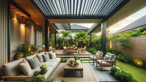 outdoor living space with a black louver roof