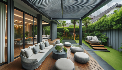 outdoor living area in a house's backyard, featuring a Louver Roof