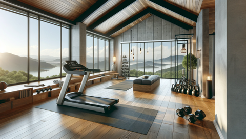 home gym setup in a spacious room with large windows that offer a panoramic view of the landscape outside